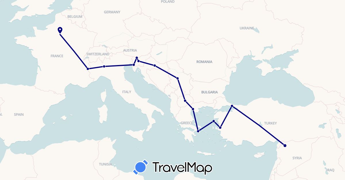 TravelMap itinerary: driving in France, Greece, Croatia, Italy, Macedonia, Serbia, Slovenia, Syria, Turkey (Asia, Europe)